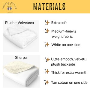 Op de afbeelding: Afbeelding met dekenmaterialen: Plush-Velveteen en Sherpa. Plush-Velveteen is extra zacht, van gemiddeld gewicht en wit aan &eacute;&eacute;n kant. Sherpa heeft een ultrazachte, fluweelzachte pluche achterkant, is dik voor extra warmte en bruin aan &eacute;&eacute;n kant.