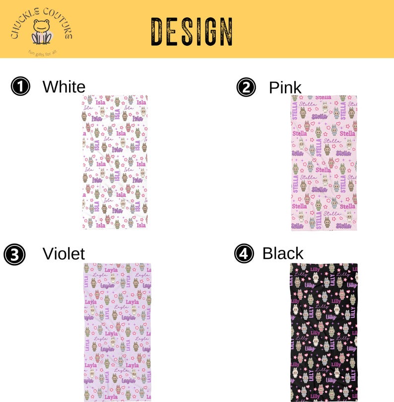 May include: A design featuring four color options: white, pink, violet, and black. Each option displays a repeating pattern of cartoon owls, hearts, and names. The names are Isla, Stella, Layla, and Lilly. The design is for a baby blanket.