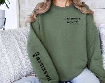 Customized Lacrosse Mom Shirt with Player Name on Sleeve Personalized Lacrosse Sweatshirt for Lax Mom Crewneck for Gameday Lacrosse Gift