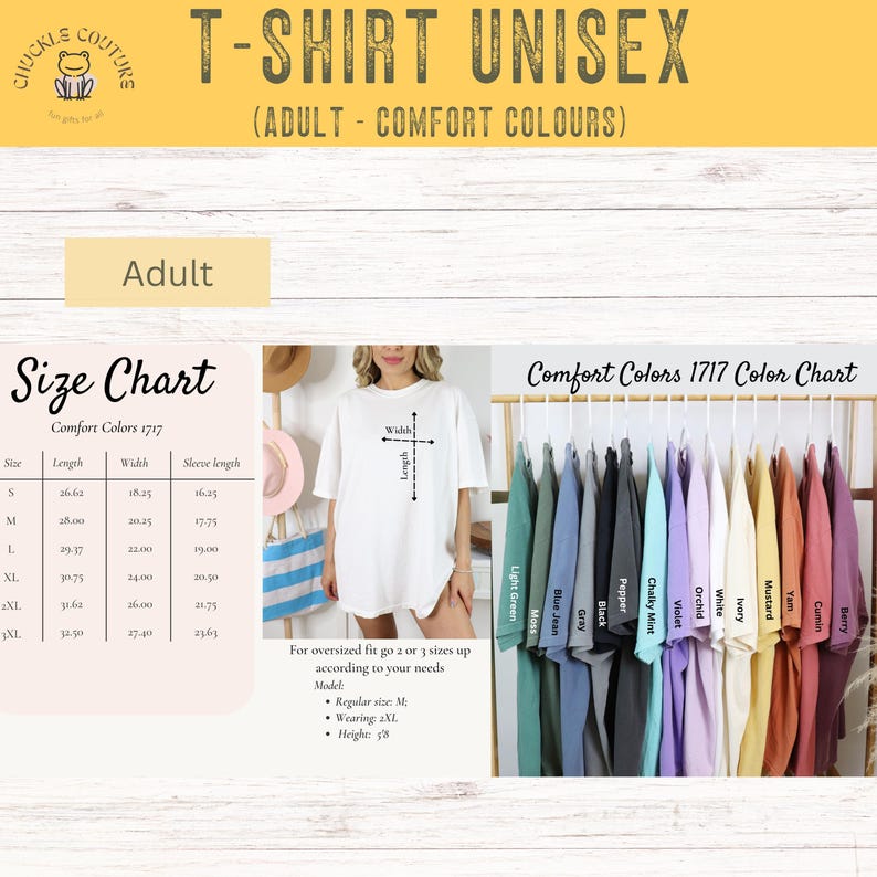 Peut inclure: T-shirt unisexe blanc avec un tableau des tailles et des options de couleurs. Le tableau des tailles indique les mesures en centim&egrave;tres pour la longueur, la largeur et la longueur des manches. Le nuancier affiche diverses couleurs Comfort.