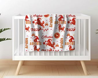 Personalized 2027 Year of the Goat Blanket Chinese New Year Baby Blanket Custom Name Fire Goat Lunar New Year Gift Baby Keepsake Baby Shower