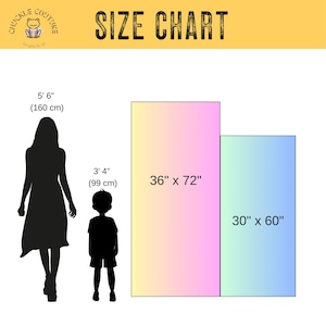 May include: Size chart graphic with the text "SIZE CHART". It includes silhouettes of a woman and a child, with height measurements of 5' 6" (160 cm) and 3' 4" (99 cm). Two rectangular shapes are labeled 36" x 72" and 30" x 60".
