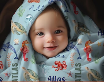 Personalized Ocean Animals Baby Blanket Custom Name Nursery Blanket Sea Turtle Fish Shower Gift Marine Decor Toddler Throw Sweet Keepsake