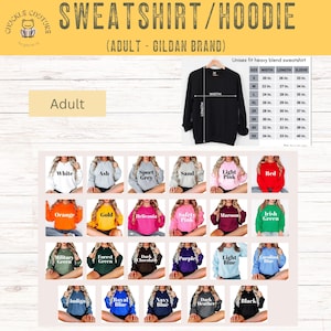 Peut inclure: Un sweat-shirt noir unisexe &agrave; m&eacute;lange lourd avec un tableau des tailles. L'image pr&eacute;sente une vari&eacute;t&eacute; de couleurs de sweat-shirts, dont le blanc, le rouge et le bleu. Le texte sur l'image indique "SWEATSHIRT/HOODIE" et "ADULT".