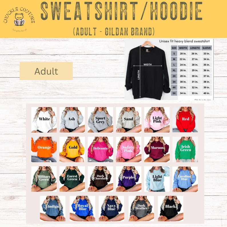 Peut inclure: Un sweat-shirt noir unisexe &agrave; m&eacute;lange lourd avec un tableau des tailles. L'image pr&eacute;sente une vari&eacute;t&eacute; de couleurs de sweat-shirts, dont le blanc, le rouge et le bleu. Le texte sur l'image indique "SWEATSHIRT/HOODIE" et "ADULT".