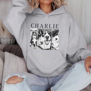 May include: A light gray hoodie featuring a black and white graphic of three dogs and the name "CHARLIE" in a bold, black font. The graphic is centered on the front of the hooded sweatshirt.