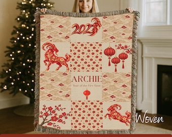 Woven 2027 Year of the Goat Blanket Custom Chinese New Year Baby Blanket Personalize Fire Goat Lunar New Year Gift Baby Keepsake Baby Shower