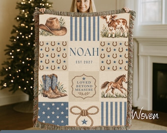 Custom Cowboy Woven Blanket Personalized Western Baby Throw Rustic Nursery Gift For Baby Boy Farmhouse Nursery Decor Baby Shower Keepsake
