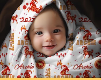 Personalized 2027 Year of the Goat Blanket Chinese New Year Baby Blanket Custom Name Fire Goat Lunar New Year Gift Baby Keepsake Baby Shower