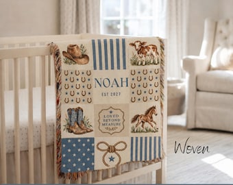 Custom Cowboy Woven Blanket Personalized Western Baby Throw Rustic Nursery Gift For Baby Boy Farmhouse Nursery Decor Baby Shower Keepsake