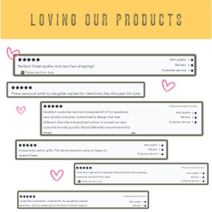 May include: Five customer reviews for a product with five stars each. The reviews highlight the quality of the product, fast shipping, and excellent customer service. The reviews also mention the product being perfect for Valentine's Day and a great gift for teachers.