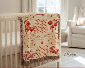 Woven 2027 Year of the Goat Blanket Custom Chinese New Year Baby Blanket Personalize Fire Goat Lunar New Year Gift Baby Keepsake Baby Shower