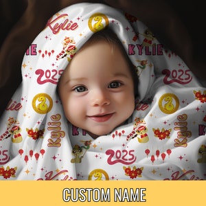 Año de la serpiente nombre personalizado manta personalizada para bebé hito regalo serpiente 2025 bebé año nuevo chino manta regalo de Navidad felpa