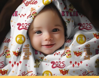 Jaar van de slang Gepersonaliseerde naam Aangepaste deken voor baby Mijlpaalcadeau Slang 2025 Chinees nieuwjaarsdeken Kerstcadeau pluche