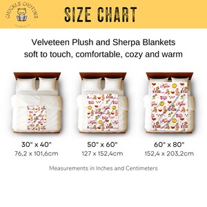 Op de afbeelding: Maattabel voor Velveteen Pluche en Sherpa Dekens. De afbeelding toont drie dekens in verschillende maten: 76,2 x 101,6 cm, 127 x 152,4 cm en 152,4 x 203,2 cm. Elke deken heeft een witte achtergrond met een herhalend patroon van teddyberen, harten en de naam "Kylie" en het jaar "2025".