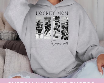 Custom Hockey Mom Hoodie with Photos Personalized Hockey Mama Sweatshirt Senior Night Gift Hockey Player Photo Collage Tee Sports Mom Shirt