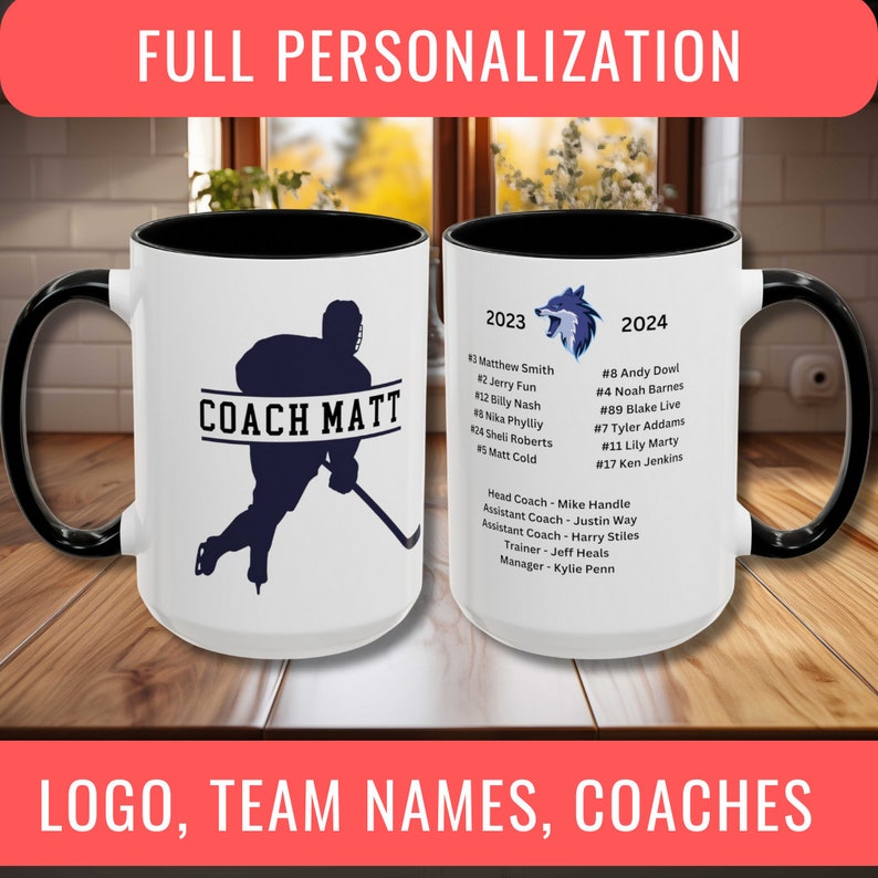 May include: Two white ceramic mugs with black handles. The mug on the left has a black silhouette of a hockey player with the text "COACH MATT". The mug on the right has a wolf logo and text listing team names and coaches for the 2023 and 2024 seasons.