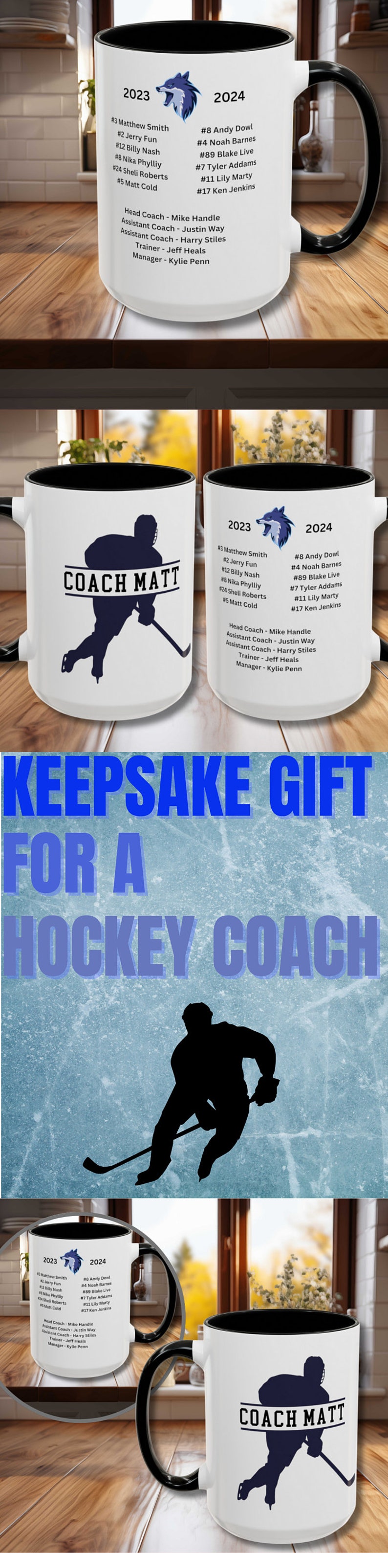May include: White ceramic mug with a black handle. The mug has a black and blue hockey player silhouette with the text "COACH MATT" on it. The mug also has a list of hockey player names and numbers for the 2023 and 2024 seasons.