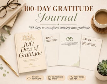 100-Day Gratitude Journal Printable for Women, Anxiety Relief Mindfulness Journal, Daily Reflection PDF, Mental Self Care Instant download