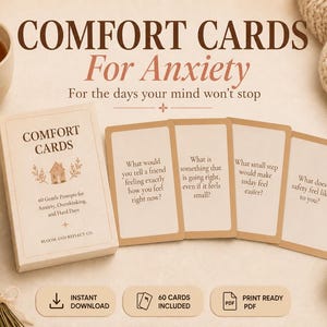 Comfort Cards for Anxiety Printable, Mental Health Support Cards, Overthinking Help, Emotional Support, Calm Mind Toolkit PDF
