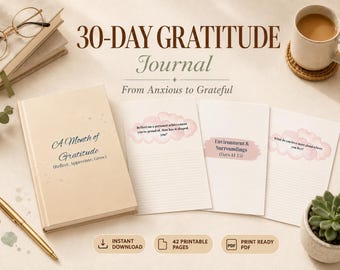 Diario della gratitudine di 30 giorni stampabile, diario per alleviare l'ansia per le donne, spunti quotidiani per la consapevolezza, PDF per la salute mentale con download immediato