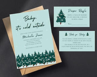 Könnte beinhalten: Eine Babyparty-Einladung mit Winterthema. Die Einladung zeigt einen blauen Hintergrund mit weißen Schneeflocken und einen Wald aus grünen Kiefern. Der Text lautet "Baby, es ist kalt draußen" und enthält den Namen "Michelle Jones".