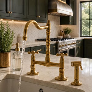 Può includere: Un rubinetto da cucina in ottone con bocca alta e due manopole a croce, dotato di doccetta laterale. L'acqua scorre dal rubinetto in un lavello bianco. Un dispenser di sapone in vetro trasparente con pompa in ottone è sul piano di lavoro.