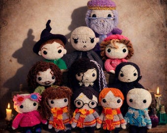May include: A group of handmade crochet dolls depicting characters from a fantasy series. The dolls have detailed features and are dressed in character-specific outfits. The color palette includes shades of brown, red, and blue. The dolls are arranged on a wooden surface.