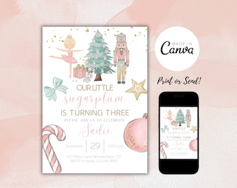 Plantilla de invitación de cumpleaños de Sugarplum: Bailarina y Cascanueces (Descarga digital)