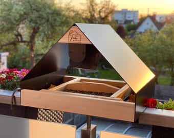 Modernes-Vogelfutterhaus mit entnehmbarer Futterschale, Balkonbefestigung, Seil, Hakenschraube, Kamera-Halterung f. Blink Outdoor optional