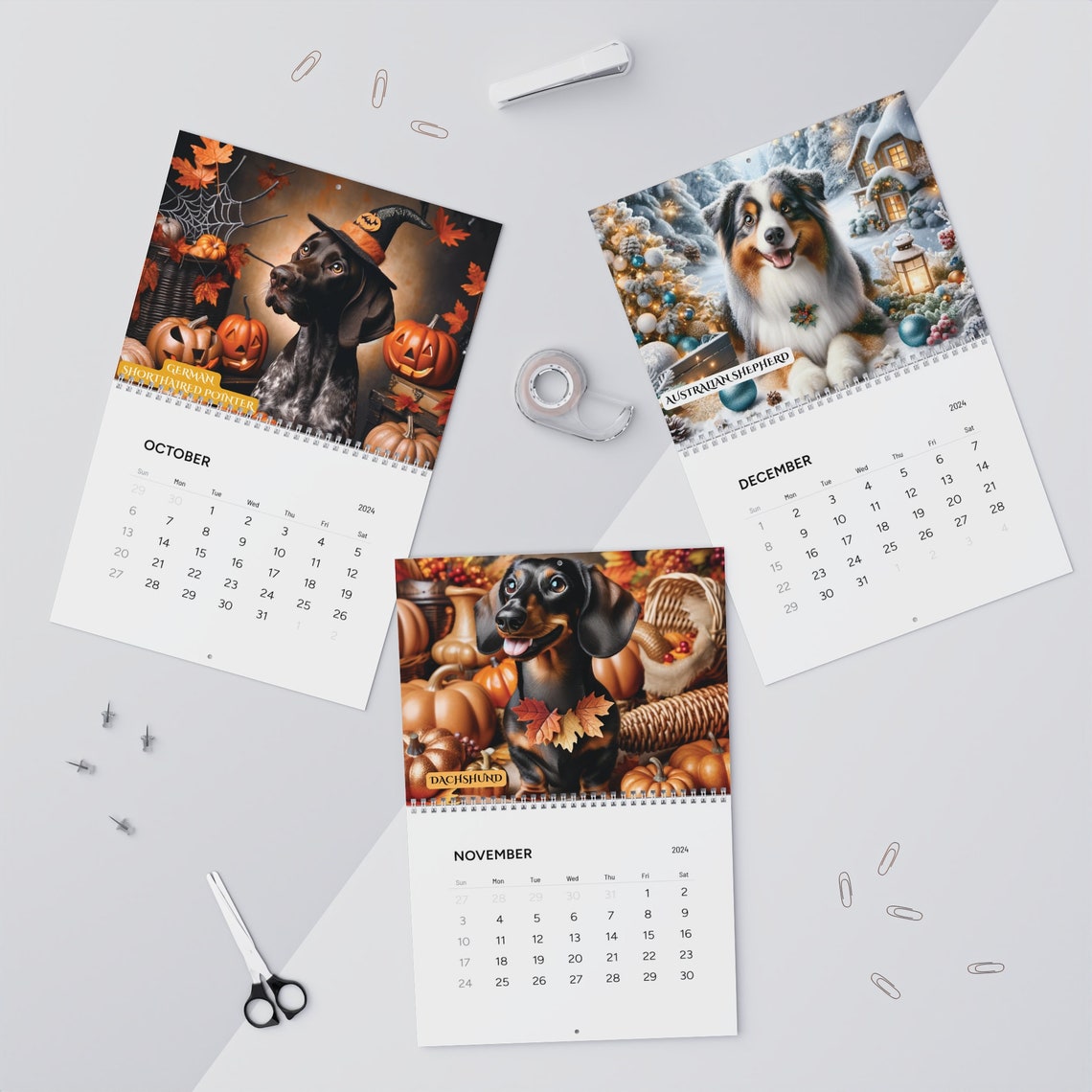 2024 Wall Calendar, 2024 Dog Calendar, Dog Breed Calendar, Unique Wall