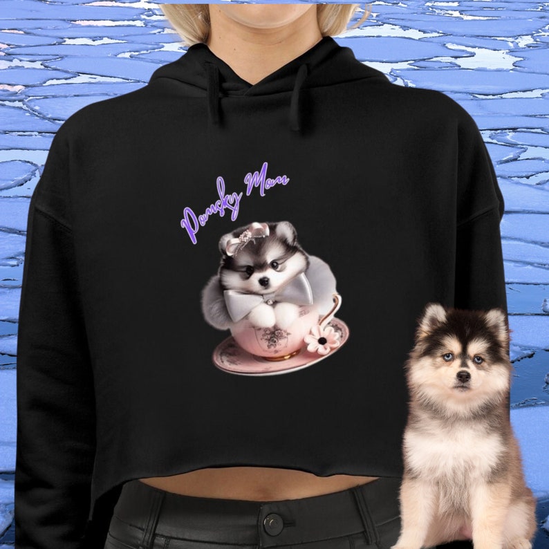 Adorable Pomsky in Teacup Couture: Pomsky Mom Cropped Top Hoodie Great Gift for Mom Black