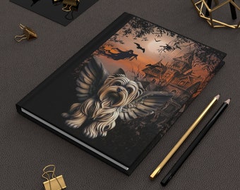 Guardián de Halloween: Cuaderno de gárgola angelical de Yorkshire Terrier con portada de mansión embrujada, 150 páginas rayadas