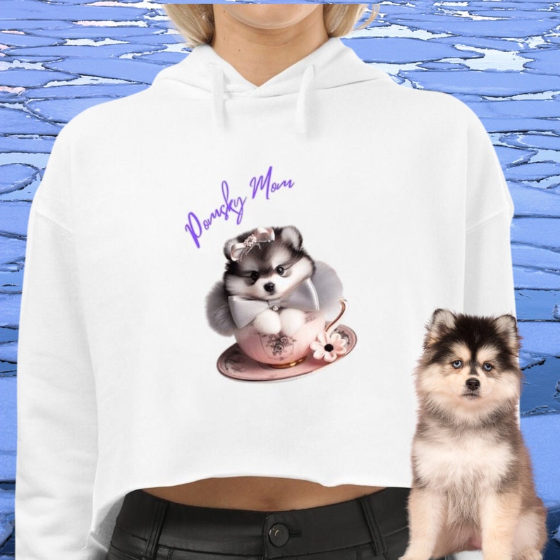 Adorable Pomsky in Teacup Couture: Pomsky Mom Cropped Top Hoodie Great Gift for Mom White