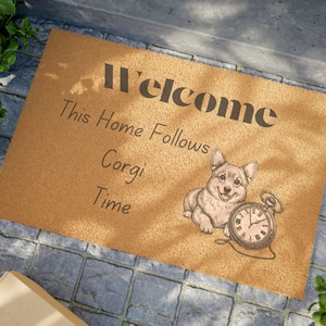Corgi Time Welcome Mat | Funny Corgi with Stopwatch Design | Coconut Fiber Doormat