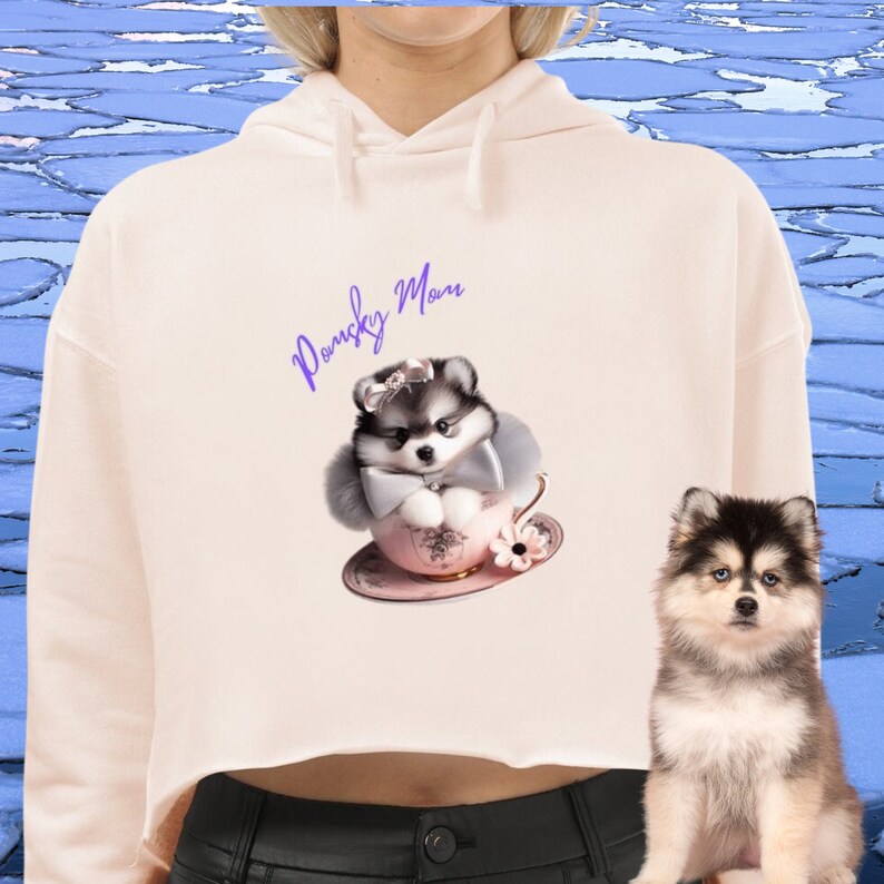 Adorable Pomsky in Teacup Couture: Pomsky Mom Cropped Top Hoodie Great Gift for Mom Pale Pink