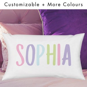 White Custom Print Pillow Case with Pastel Rainbow Boho Colours for Girls Bedroom Decor Personalized Name Pillow Cover Gift for Kids
