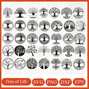 May include: A set of 36 black and white tree of life SVG designs. The designs are in various styles, including circular, with roots, and with branches. The text "Tree of Life" is at the bottom of the image, along with the file types SVG, PNG, DXF, and EPS.