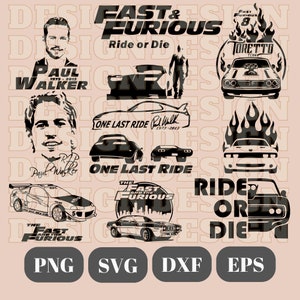 Op de afbeelding: Zwart-wit digitaal ontwerp met het Fast and Furious logo, de woorden "Ride or Die" en een silhouet van een persoon. Het ontwerp bevat ook een silhouet van een auto, een silhouet van een persoon met de woorden "One Last Ride" en de naam "Paul Walker", en een silhouet van een auto met vlammen.