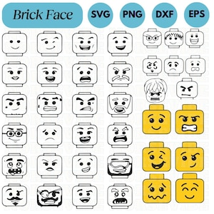 Puede incluir: Un conjunto de 36 imágenes en blanco y negro de caras de ladrillos Lego con diferentes expresiones. Las caras están dispuestas en una cuadrícula de seis filas y seis columnas. Las imágenes son adecuadas para su uso en manualidades, scrapbooking y otros proyectos creativos.