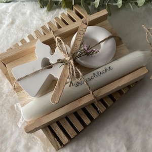 Schutzengel Geschenkbox - Raysin Schutzengel mit Wunschlicht Stabkerze - Geschenk Taufe - Kommunion - Raysin Kerzenhalter - Trockenblumen