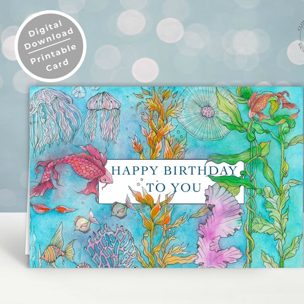 Happy Birthday Digital Download Card, Ocean Digital Card, Ocean Card Download, Ocean Greeting Card, Hand-painted Digital Card, Digital Card