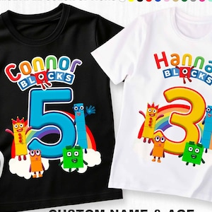 Maglietta Numberblocks 100% cotone, maglietta di compleanno colorata, maglietta a blocchi, maglietta a blocchi personalizzata, maglietta di compleanno Numberblocks, festeggiato ragazzo o ragazza