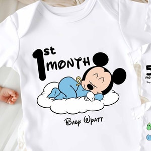 Baby Mickey Number Milestone Bodysuit, Monthly baby bodysuit, Name Personalised Baby Grows for each month, Mickey Milestone bodysuit
