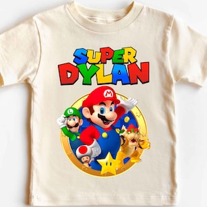 Mario Geburtstags-T-Shirt aus 100 % Baumwolle, Super Mario Geburtstags-T-Shirt, Mario-T-Shirt schwarz oder weiß, Geburtstagskind, DTF