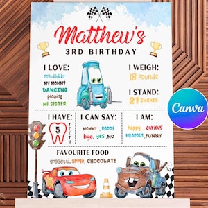 Watercolor Cars Lightning McQueen, Mater Milestone Board Sign, Racing Milestone, Canva Template