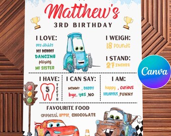 Watercolor Cars Lightning McQueen, Mater Milestone Board Sign, Racing Milestone, Canva Template