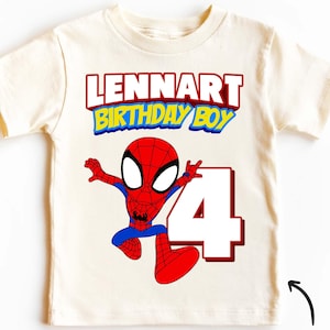 May include: A white vintage t-shirt with a red and blue Spiderman graphic, the text "Lennart Birthday Boy" and the number 4.