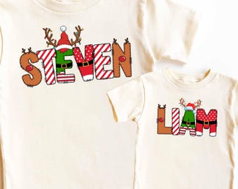 Matching Christmas T-Shirts with Custom Name – Personalized Holiday Shirts for Kids and Adults, Cute Reindeer Santa Elf Design