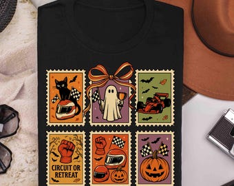 Halloween Racing Postage Tee – Halloween Stamps Shirt with Ghost, Cat & Pumpkin